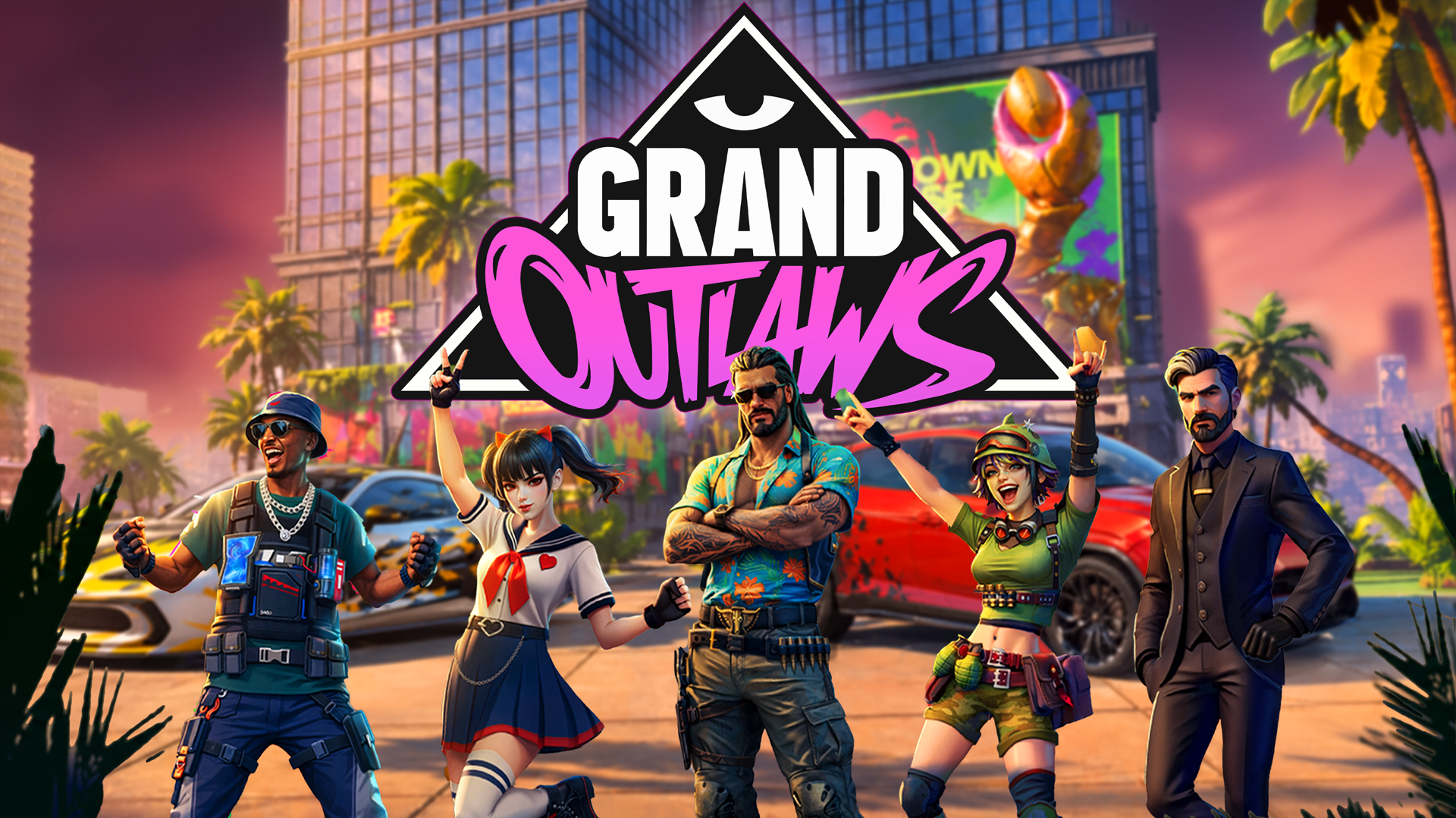 Grand Outlaws — five character heroes posed against a neon Vice City skyline